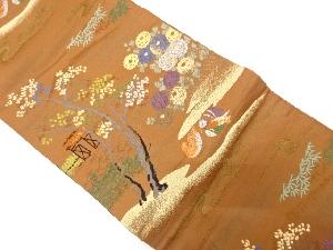 アンティーク　樹木に万寿菊・鳥模様織り出し昼夜帯（着用可）